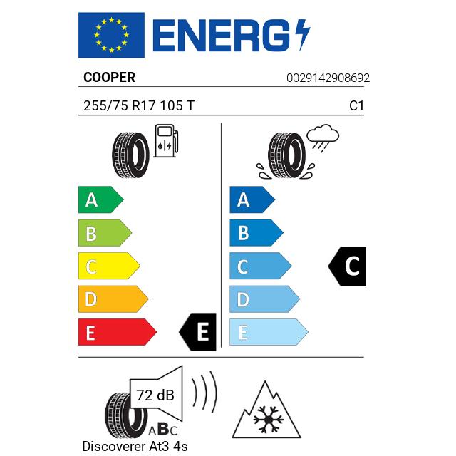 Eticheta Energetica Anvelope  255 75 R17 Cooper Discoverer At3 4s 