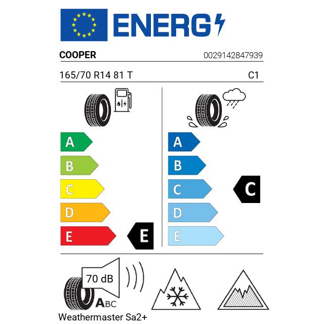 Eticheta Energetica Anvelope  165 70 R14 Cooper Weathermaster Sa2+ 