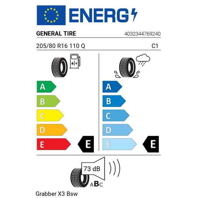 Eticheta Energetica Anvelope  205 80 R16 General Tire Grabber X3 Bsw 