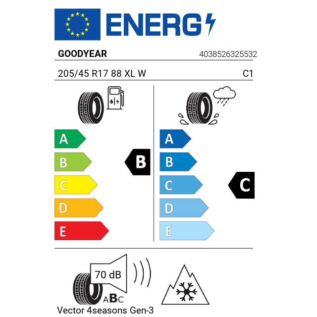 Eticheta Energetica Anvelope  205 45 R17 Goodyear Vector 4seasons Gen-3 