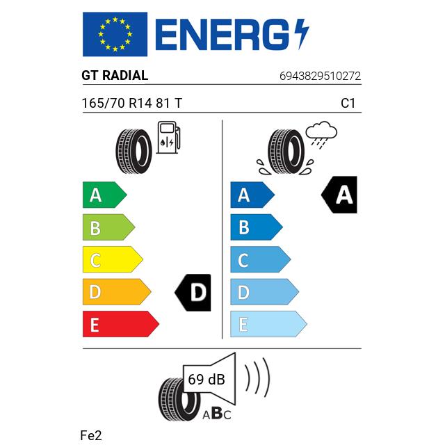 Eticheta Energetica Anvelope  165 70 R14 Gt Radial Fe2 