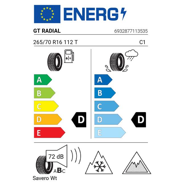 Eticheta Energetica Anvelope  265 70 R16 Gt Radial Savero Wt 