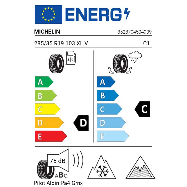 Eticheta Energetica Anvelope  285 35 R19 Michelin Pilot Alpin Pa4 Grnx 