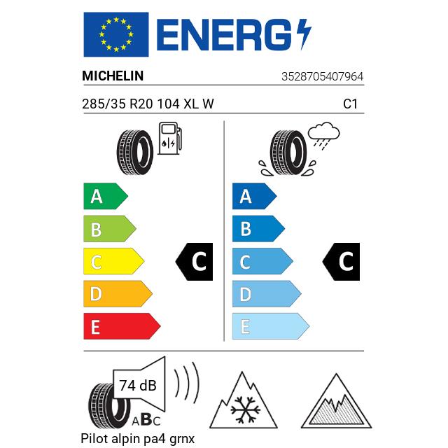 Eticheta Energetica Anvelope  285 35 R20 Michelin Pilot Alpin Pa4 Grnx 
