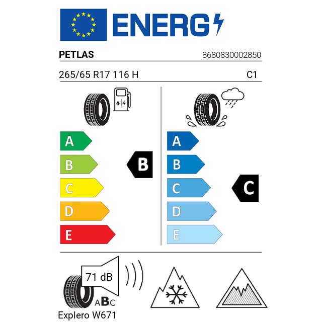 Eticheta Energetica Anvelope  265 65 R17 Petlas Explero W671 