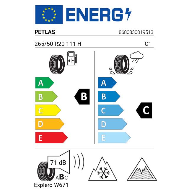 Eticheta Energetica Anvelope  265 50 R20 Petlas Explero W671 