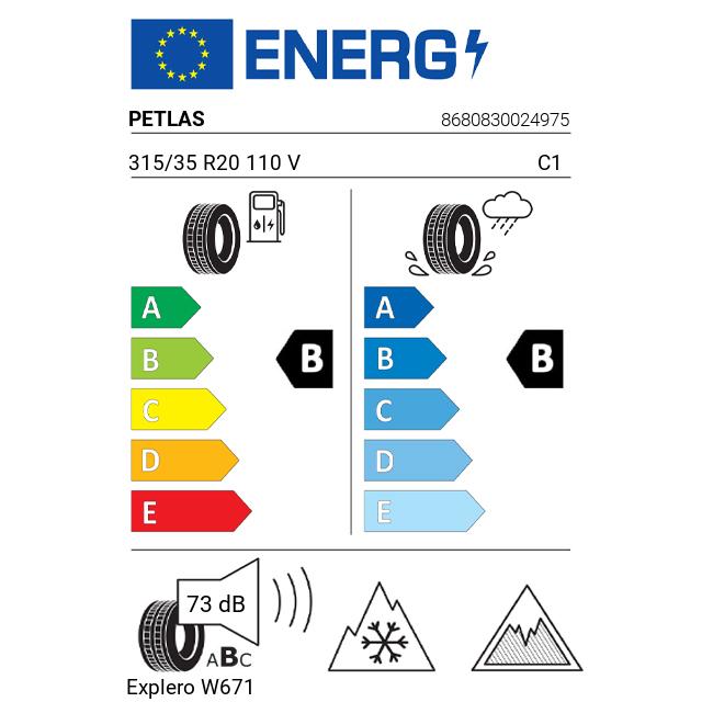 Eticheta Energetica Anvelope  315 35 R20 Petlas Explero W671 
