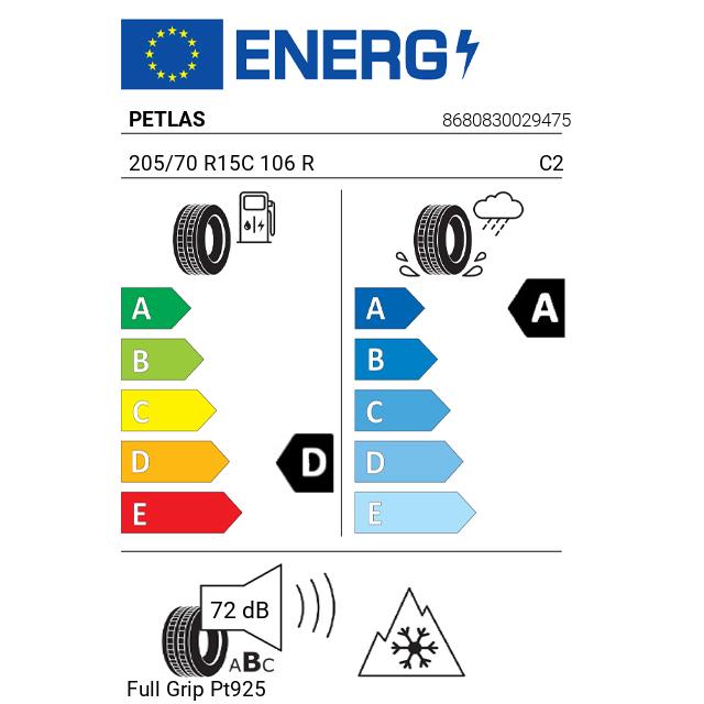 Eticheta Energetica Anvelope  205 70 R15C Petlas Full Grip Pt925 