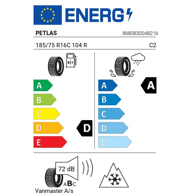 Eticheta Energetica Anvelope  185 75 R16C Petlas Vanmaster A/s 