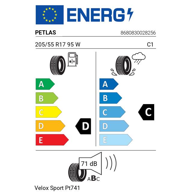 Eticheta Energetica Anvelope  205 55 R17 Petlas Velox Sport Pt741 