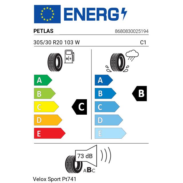 Eticheta Energetica Anvelope  305 30 R20 Petlas Velox Sport Pt741 
