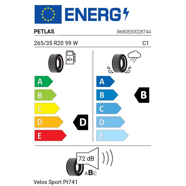 Eticheta Energetica Anvelope  265 35 R20 Petlas Velox Sport Pt741 