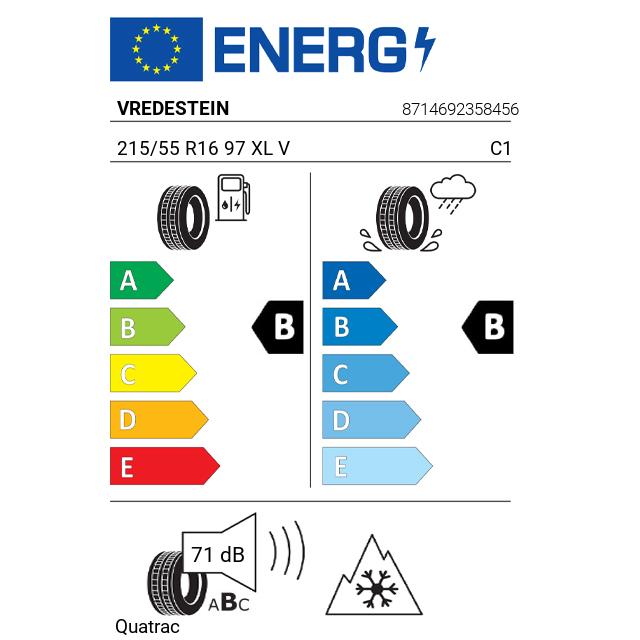 Eticheta Energetica Anvelope  215 55 R16 Vredestein Quatrac 